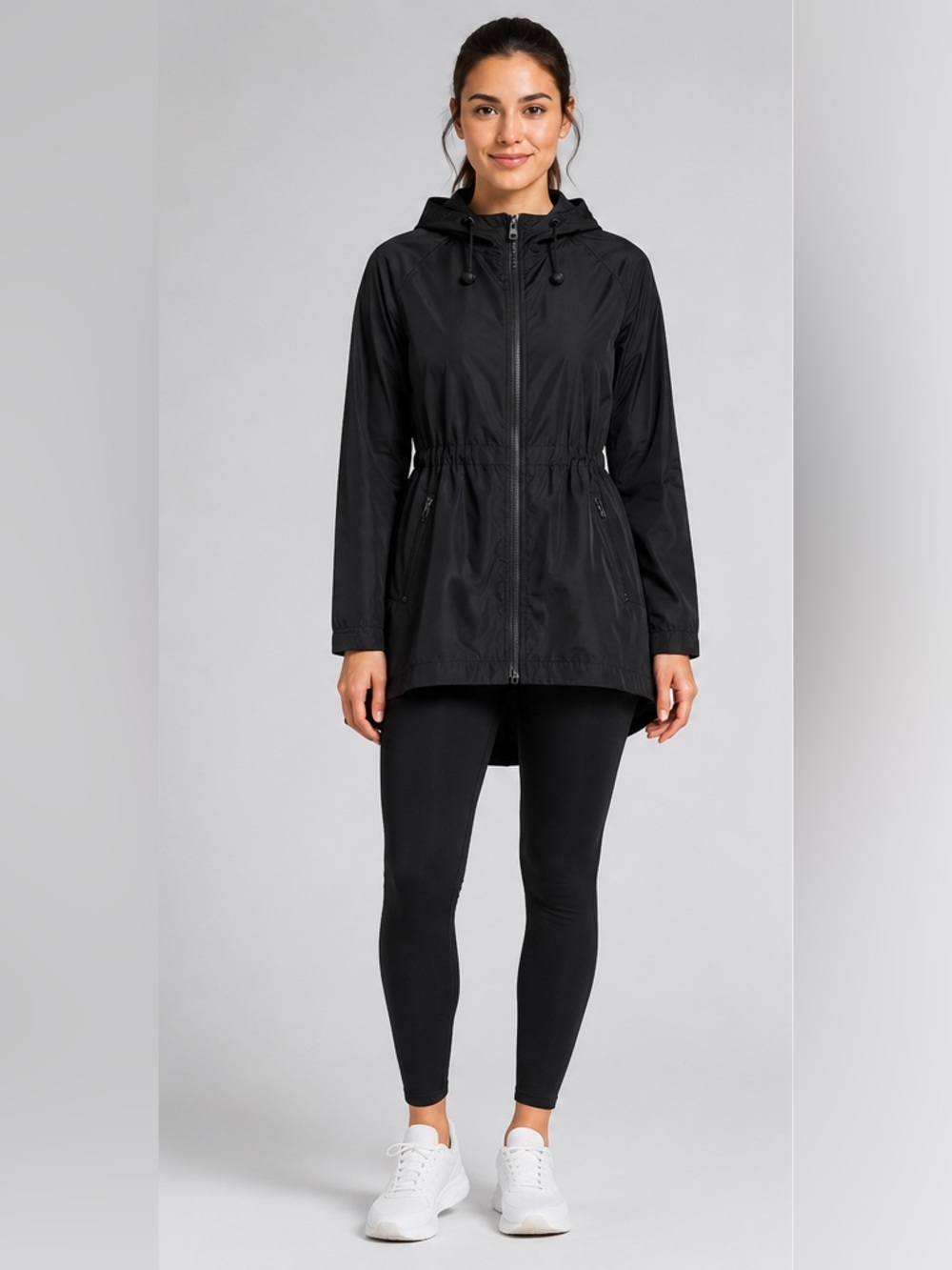 Athleta Black Hooded Rain Jacket Cinched Waist Lightweight Windbreaker Coat S